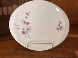 Vintage Canonsburg Wild Clover Oval Serving Platter – Pink Pinecones & Gray Needles – Mid Century Modern 14x12 Coupe Platter USA