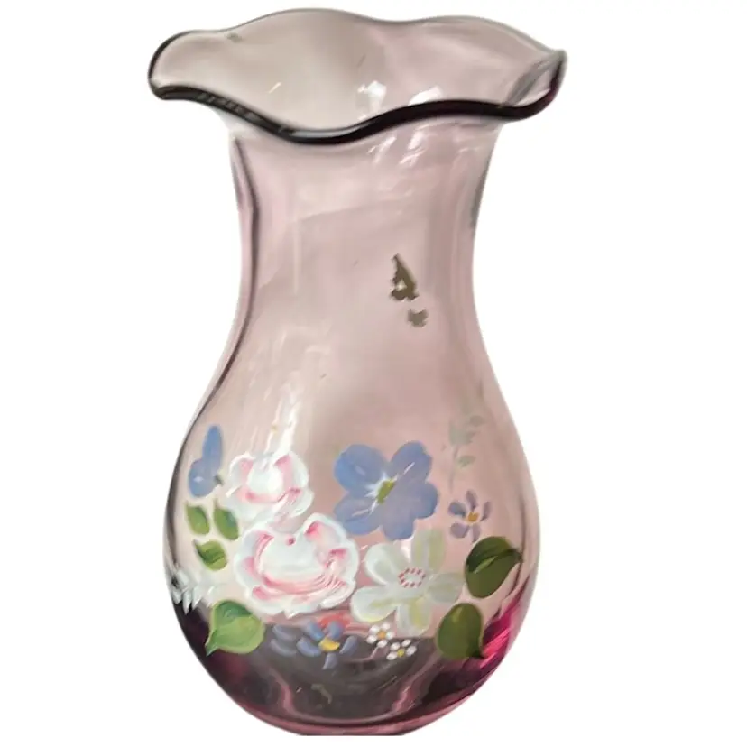 Vintage Fenton For Tele-Flora Hand Painted Vase Amethyst Ruffled Edge 8"