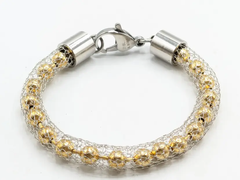 Mesh Bracelet with Gold Tone Beads and Silver Tone