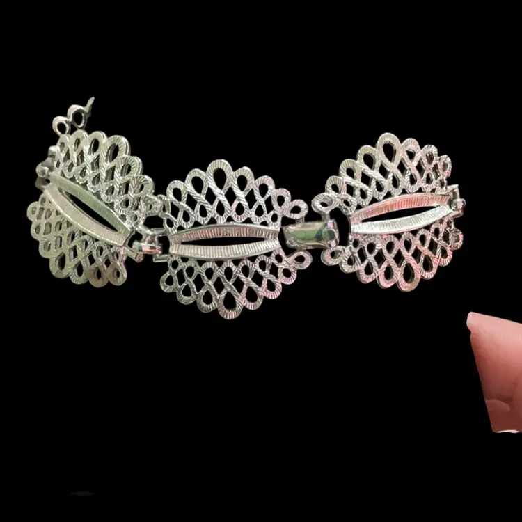 #11. Vintage Silvertone Coro Link Bracelet. Beautiful Filigree Oval Shape Design.