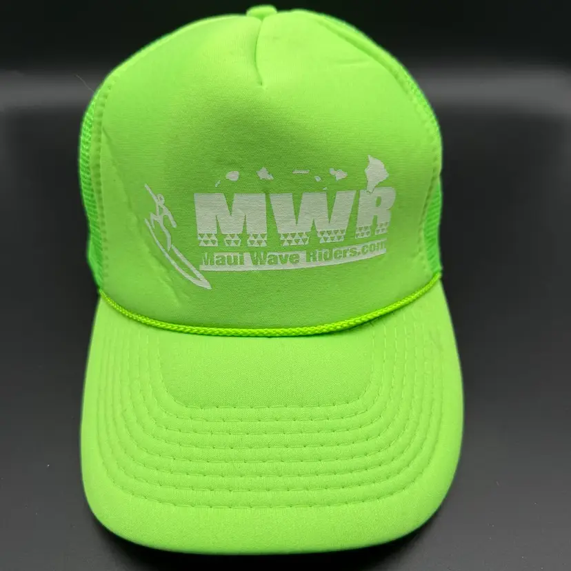 Vintage MWR Trucker Hat Cap Neon Green Otto Snapback Rope Cord Surf Beach