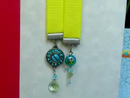 Yellow Ribbon Bookmark Green & Turquoise Repurposed Broken Jewelry and Bead Dangle Charms 10.25"