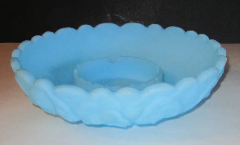 Fenton Blue Satin Water Lily Chip & Dip/Candle Bowl, Scarce