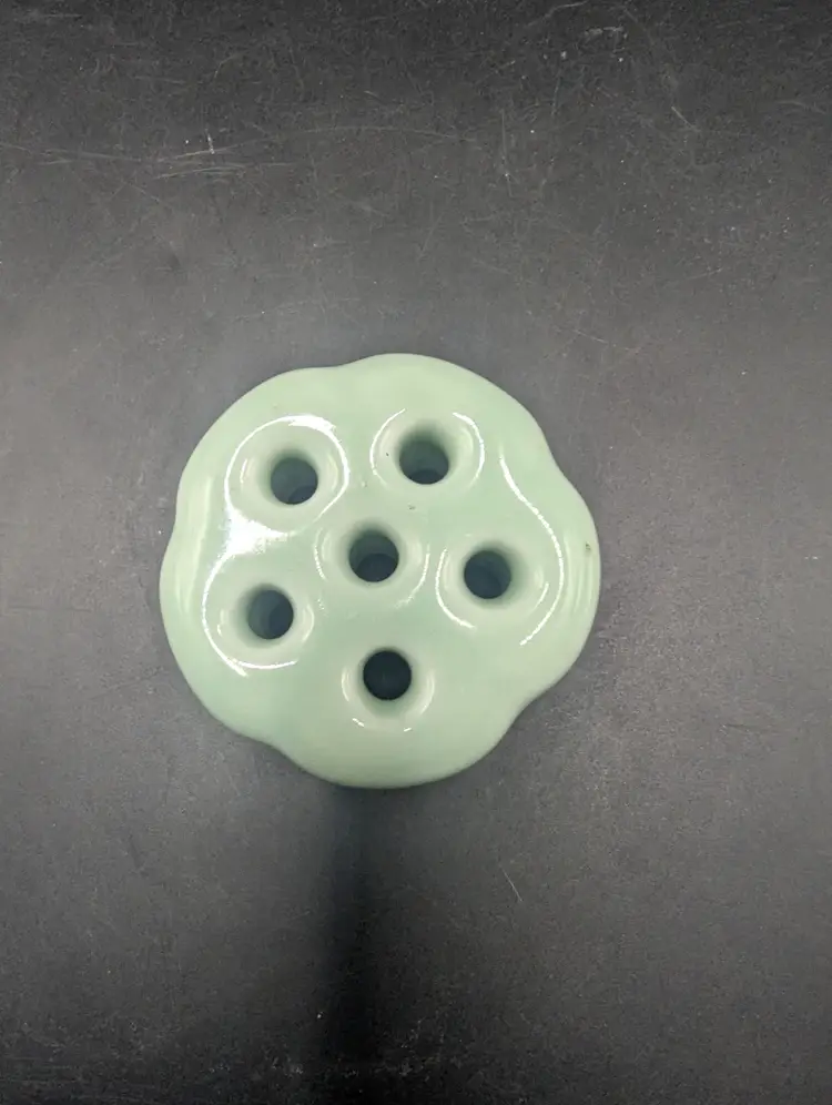 Vintage Pottery Flower Frog With Celadon Glaze Six Hole