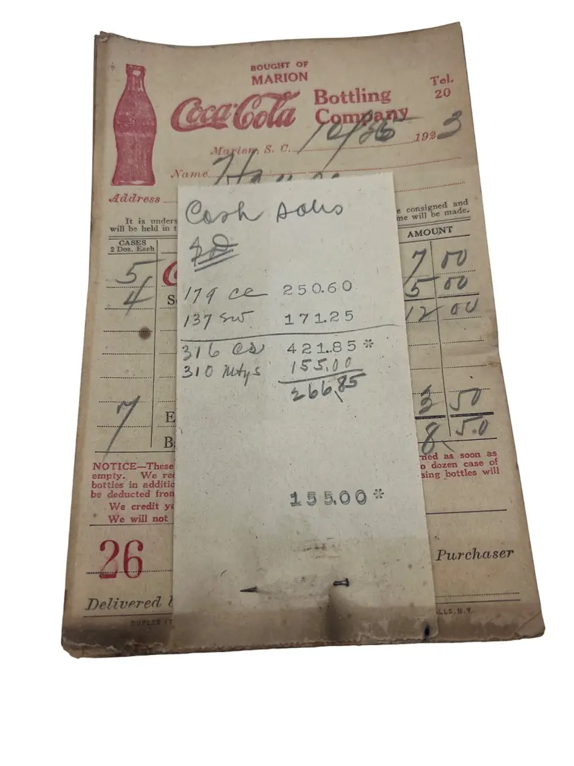 1923 Coca-Cola Bottling Company Billhead Lot of 9 Marion SC w/ Stick Pin Route Ephemera Soda Delivery Receipt Bundle
