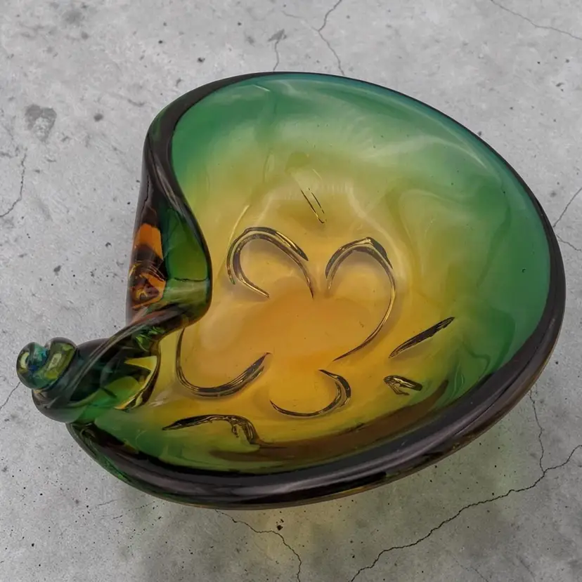 Italian Green Yellow Freeform Twisted Glass Bowl J.I. Co. Jordan Imports Vtg
