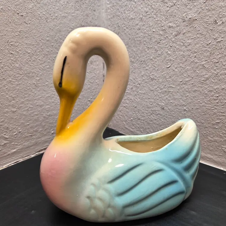Vintage Shawnee Swan Ceramic Planter Blue Pink Goose Geese Succulent Pastel 50s