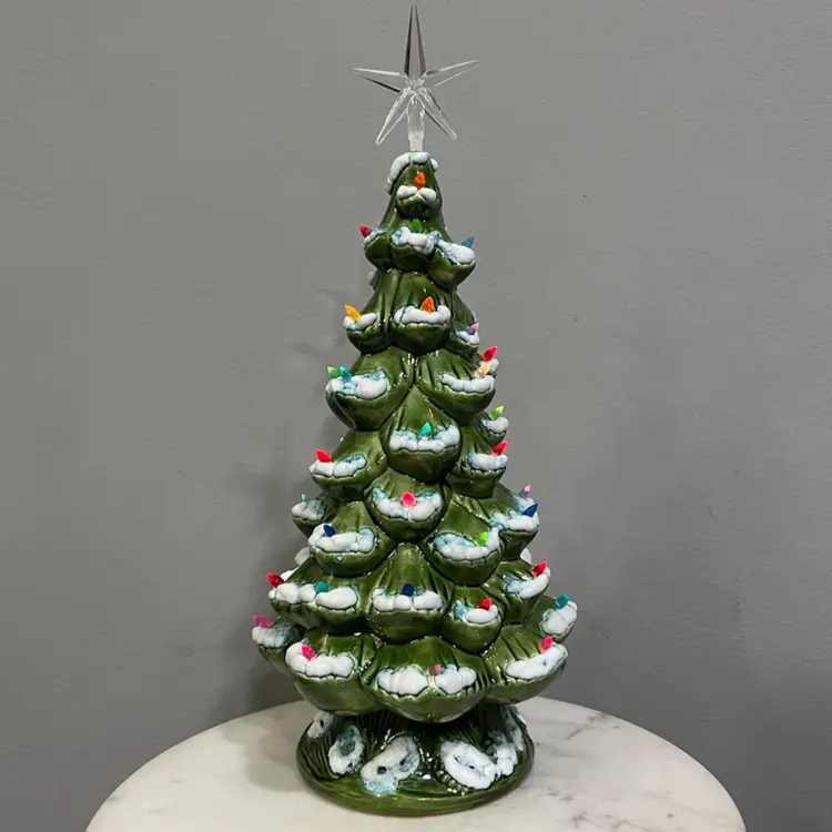 Vintage Green Snow Flocked Ceramic Christmas Tree Colorful Small Bulbs 10” Tall