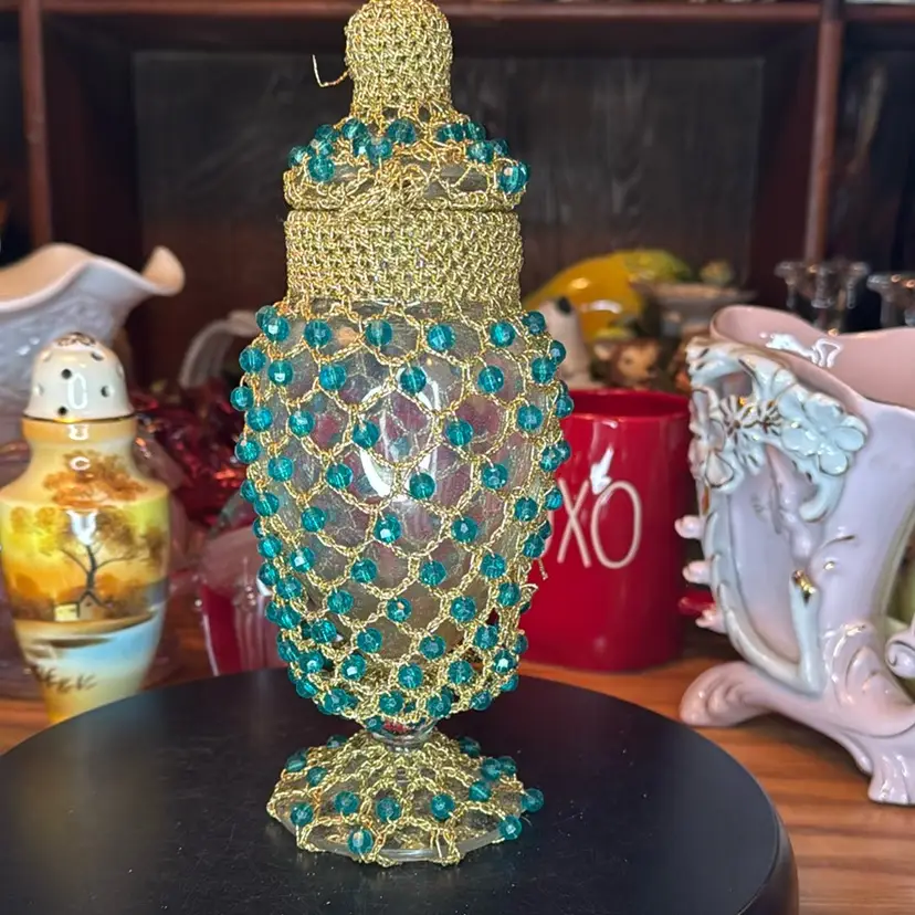 Vintage Apothecary Jar With Gold Mesh Netting & Green Beads -Handmade
