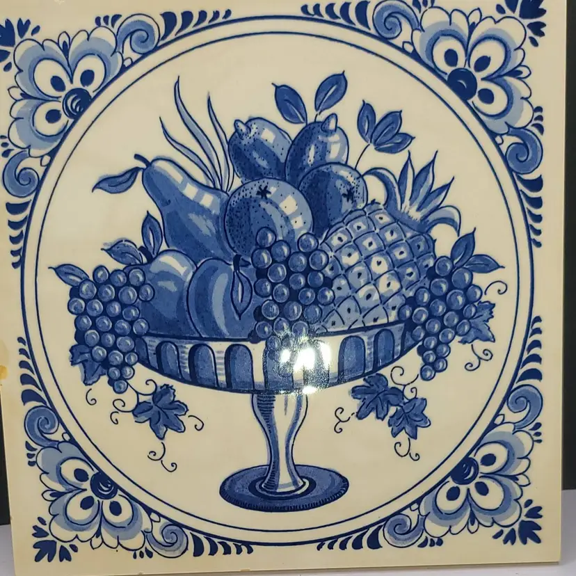 Vintage Blue Delft Style Ceramic Tile with Fruit Design 6" x 6" *** 2 flea bites