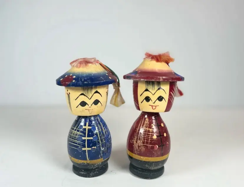 Kokeshi (2) Vintage Japanese Wood Bobble Head Dolls