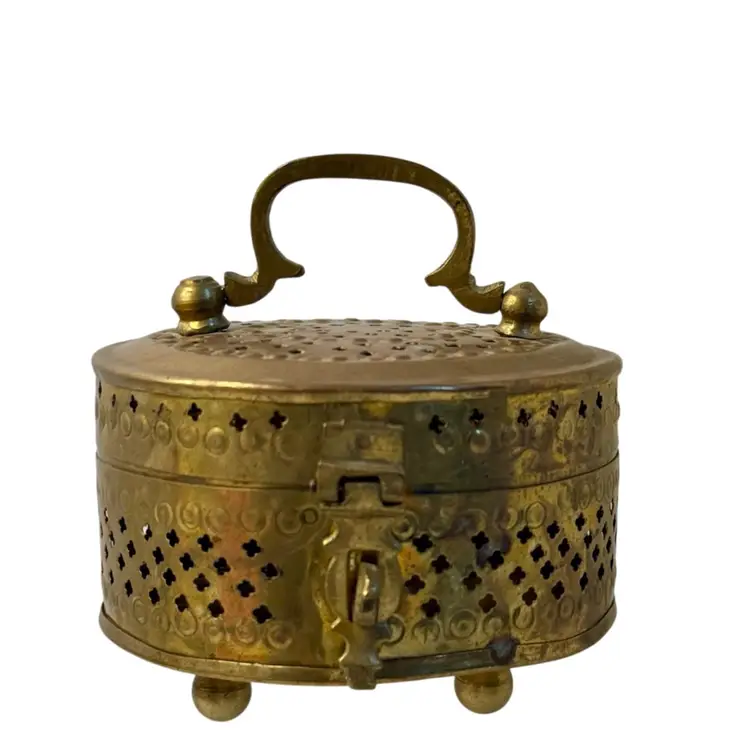 Vintage Brass Cricket Box Jewelry Incense Ornate Chest Footed w/ Handle 5.25 T x 4.75”