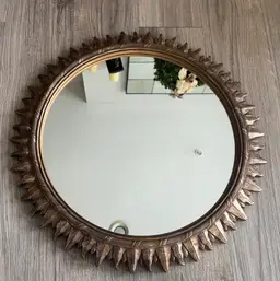 Gold Sunburst Wall Mirror Round Ornate Frame Mid Century Style 21”