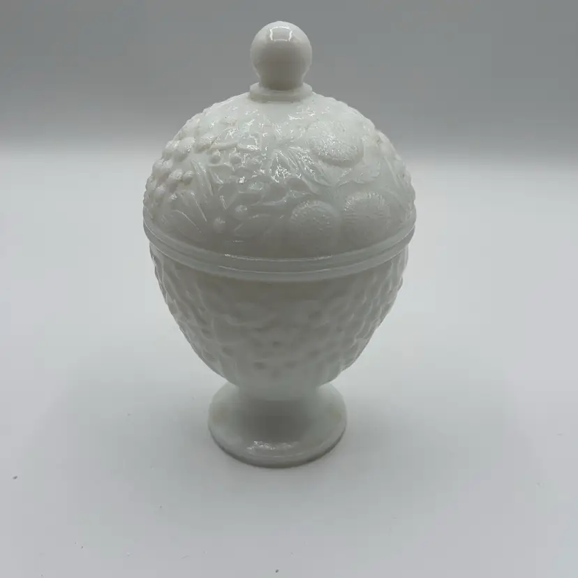 Avon 1970s White Milk Glass Footed Fruit & Floral Candy Trinket Dish Lid, 6.25"