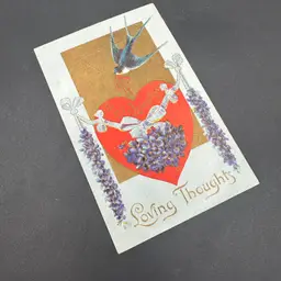 “Loving Thoughts” Blue Bird Silver Chromo Purple Violets Antique Valentine Postcard