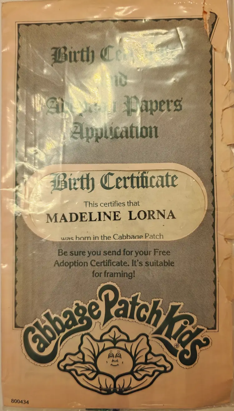 1985 Cabbage Patch Kids Doll Paci Girl "Madeline Lorna" (NO PACI), W/Birth Certificate