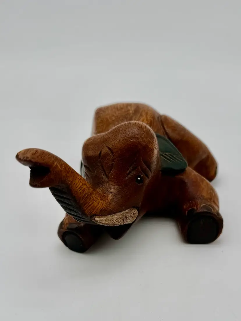 Vintage Playful Baby Elephant Hand Carved Solid Wood Two Tone Trunk Up