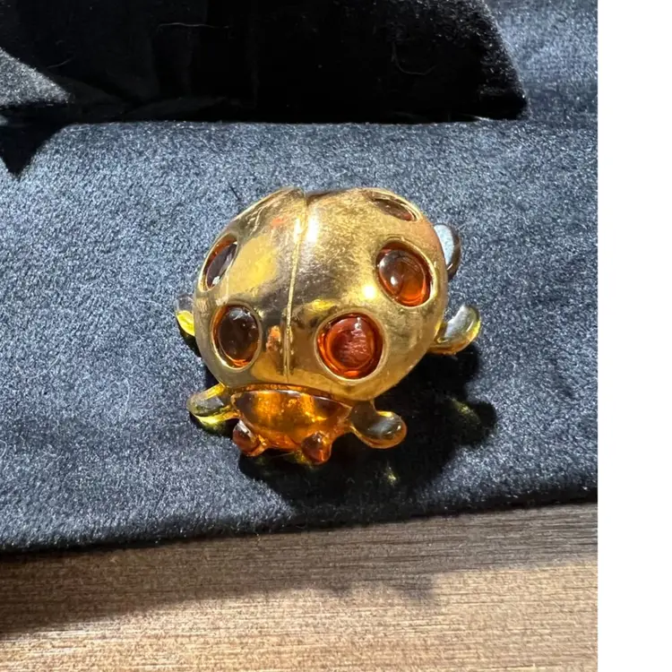Vintage Amber Lucite And Brass Ladybug Pin 1”