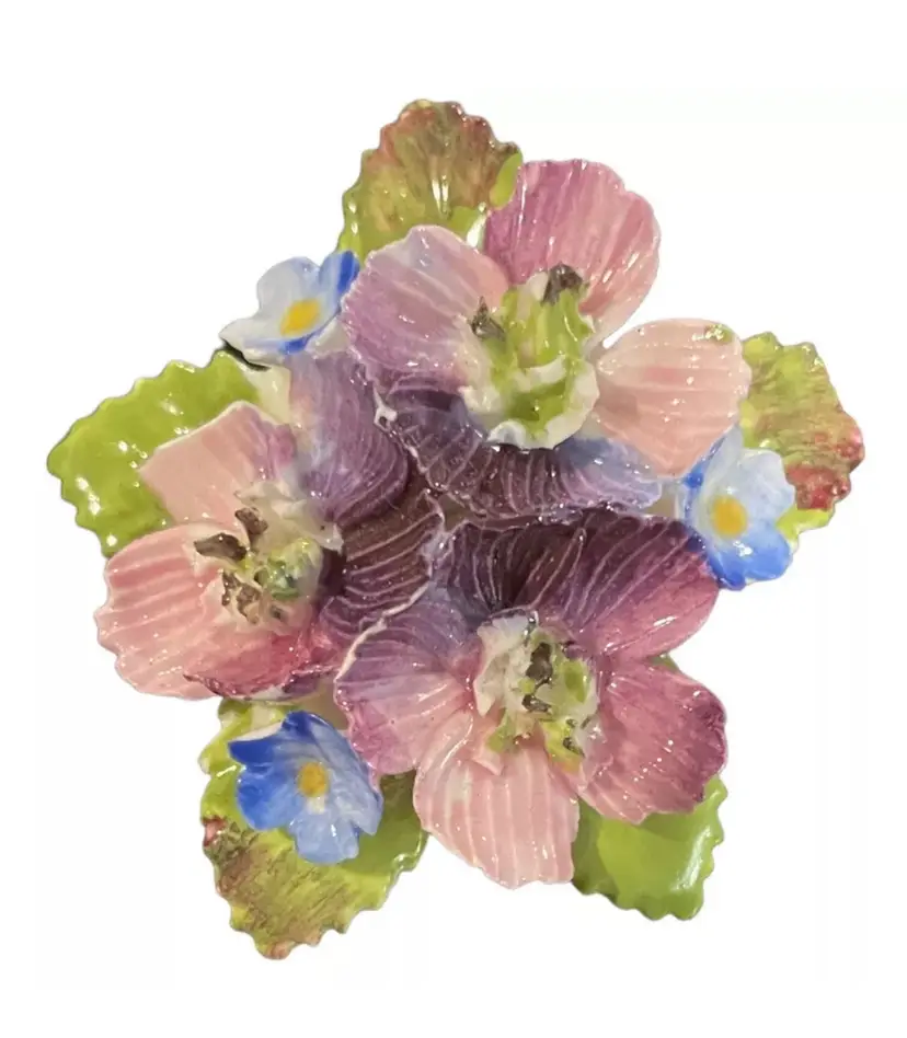 Bone China Brooch Pink & Purple Pansies & Blue Forget Me Nots Made in England