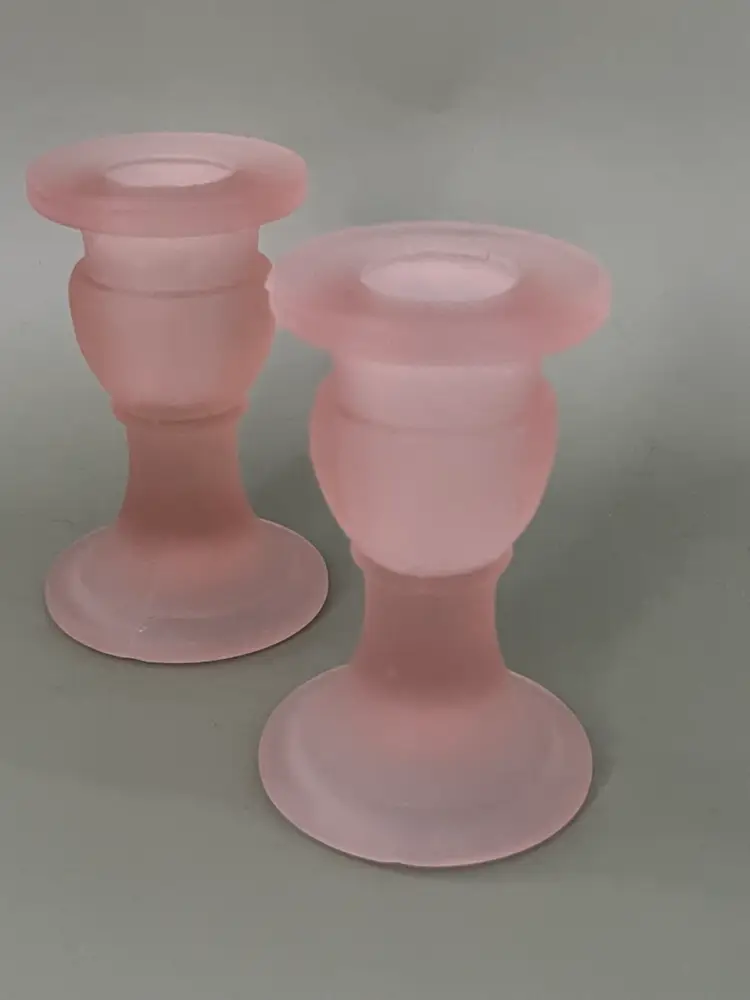 Vintage Pink Satin Glass Candlesticks Rose Candle Holders Set of 2