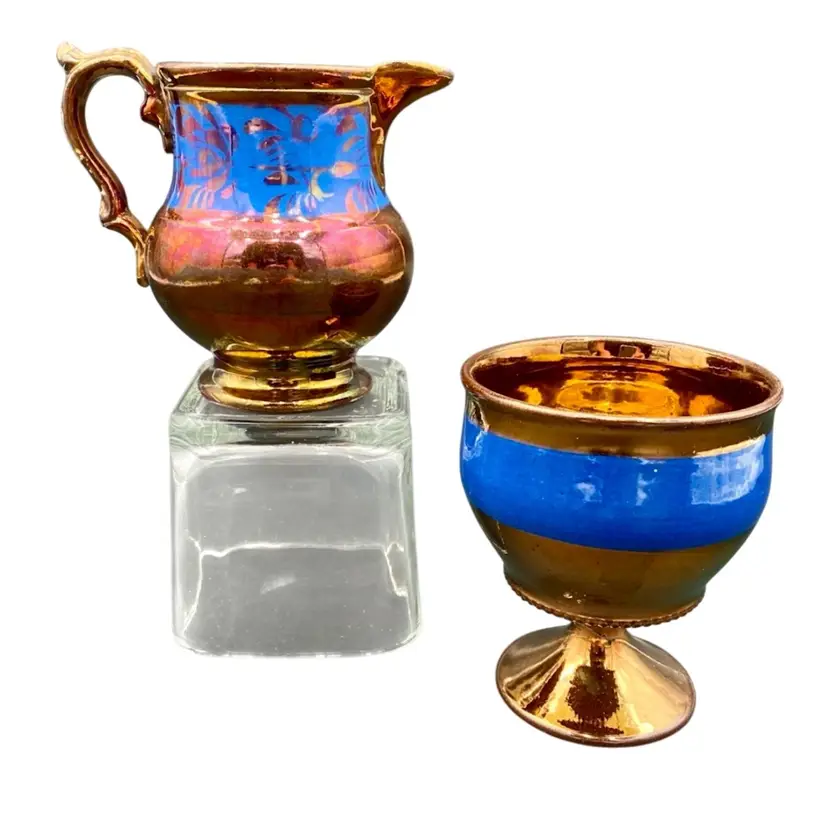 Antique 1800s English Pitcher/Creamer and Goblet, Copper Lusterware, Royal Blue Banded