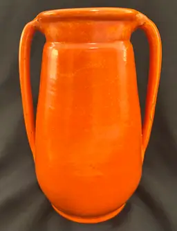 1930’s Art Deco Pottery Vase By Stangl Potteryfully Glazed Interior, Pored Glaze Technique, Chrome Orange, 9”
