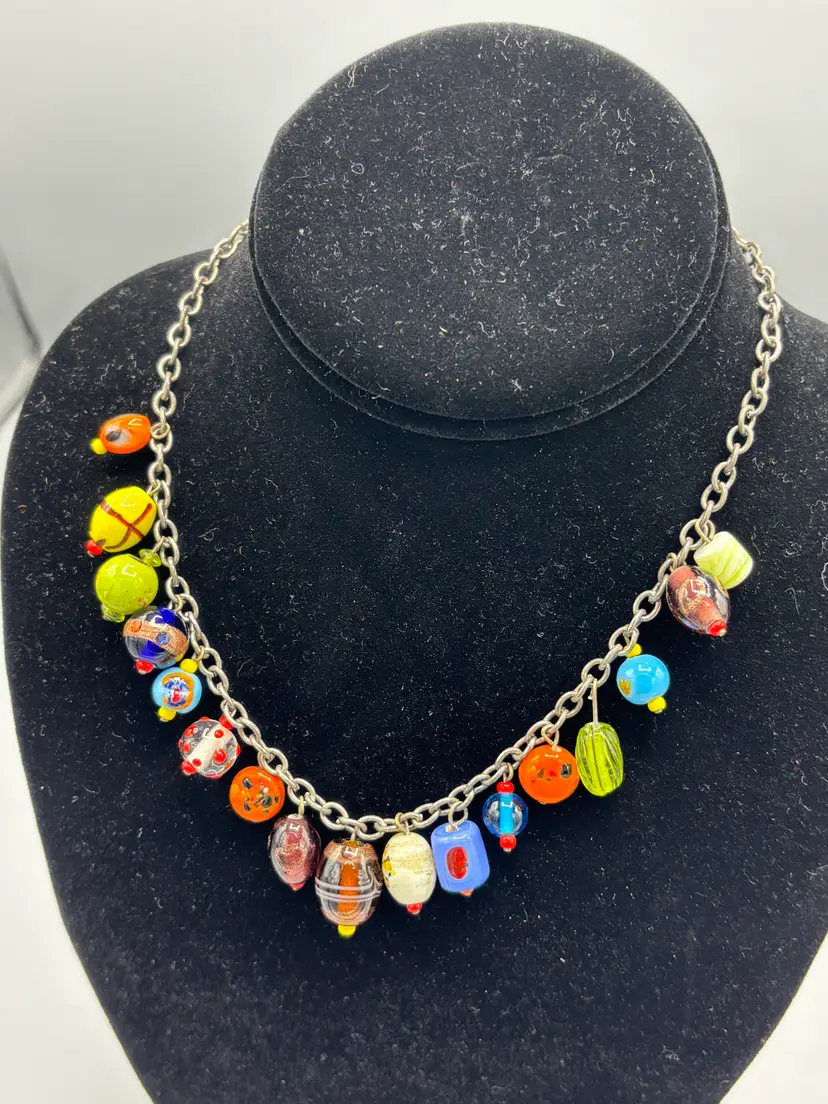 Colorful glass charm silver chain
