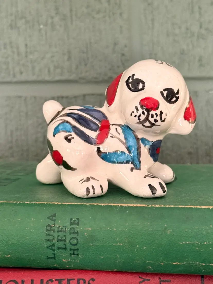 Vintage Hand Painted Ceramic Puppy Figurine – Mid Century Japanese Style Dog Figure – Colorful Folk Art Pottery Collectible – Cottagecore Decor