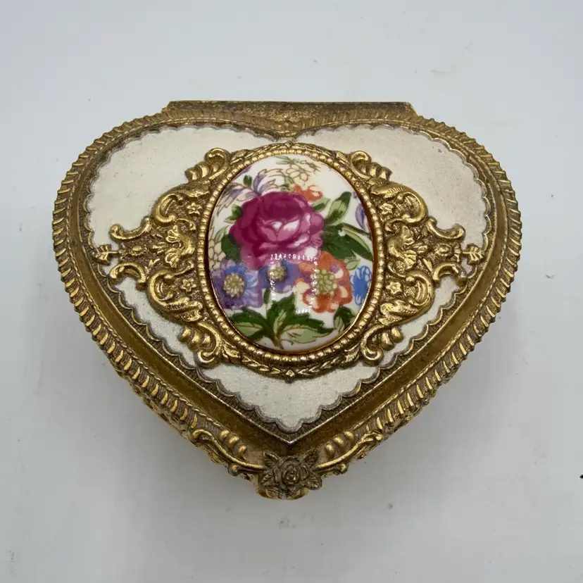 Gold Color Hear Jewelry Box Ceramic Flower