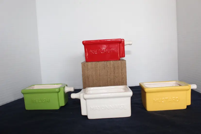 Pier 1 Import Condiment Set Ketchup Mustard Mayo Relish Hand Crafted Earthenware