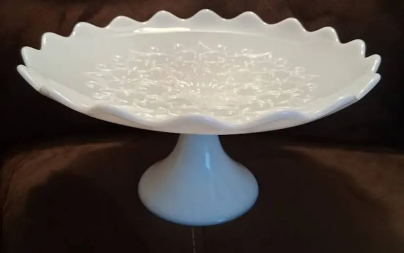 Vintage Fenton RARE Version, Spanish Lace (No Crest), Solid Milk Glass Shallow Bowl / Cupped Edge Cake Stand