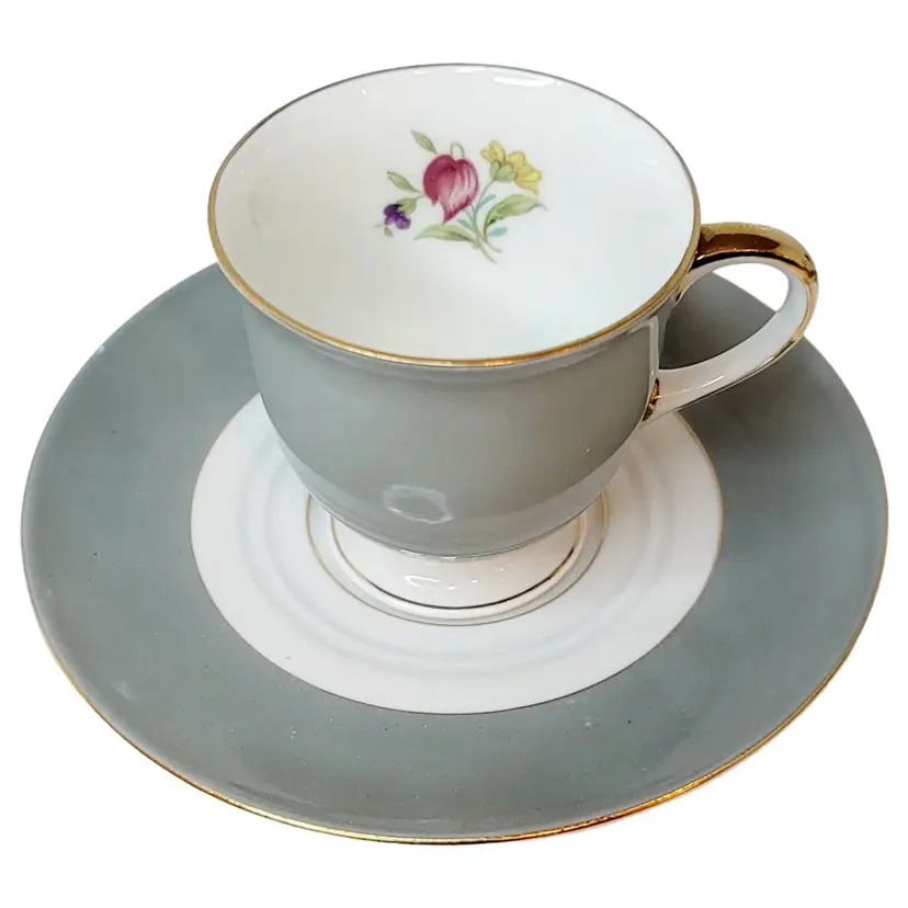 Vintage Demitasse Cup & Saucer Baronet Eschenbach Germany Gray Gold Fowers