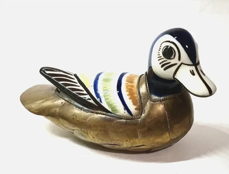 VTG Tonala And Brass Mexican Pottery Armored Folk Art Bird Duck Hand Painted