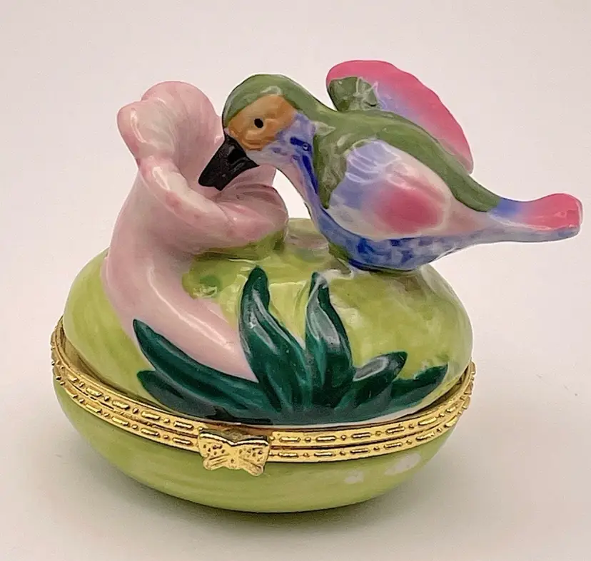 Vintage Darice Handpainted Mini Porcelain Spring Egg & Hummingbird Shape Hinged Trinket Box with Gold Accents