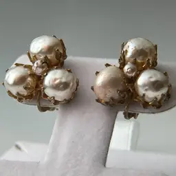 Miriam Haskell Baroque Faux Pearl Cluster Clip On Earrings Signed Vintage 1950s READ