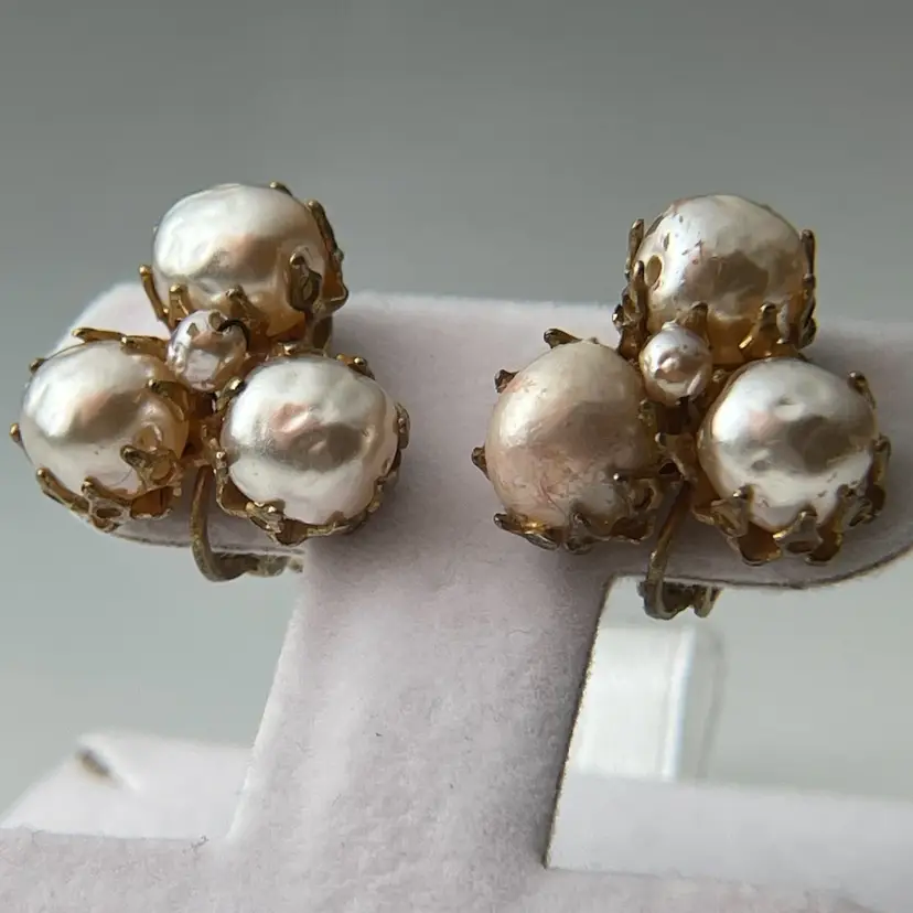 Miriam Haskell Baroque Faux Pearl Cluster Clip On Earrings Signed Vintage 1950s READ