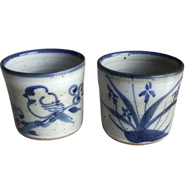 (2) VTG 80s STUDIO Stoneware Salt GLAZED 3oz C BLUE HANDMADE Cups/pots