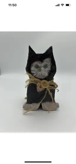 VTG Art Pottery Clay black Cat, bell by Pots & Knots-SIGNED