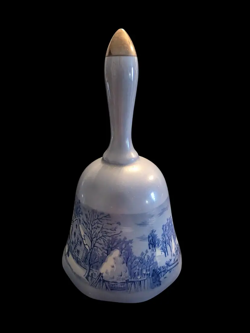 Currier & Ives Copenhagen Porcelain Bell, Featuring a Silver-Toned Handle and a Blue-and-White Winter Scene Made In Japan