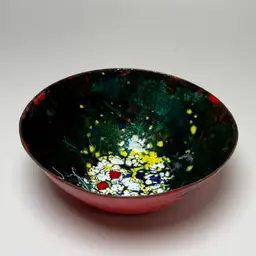 Vintage Mid Century Modern MCM Enamel on Copper 5.25" Bowl Dish Red Abstract Mod