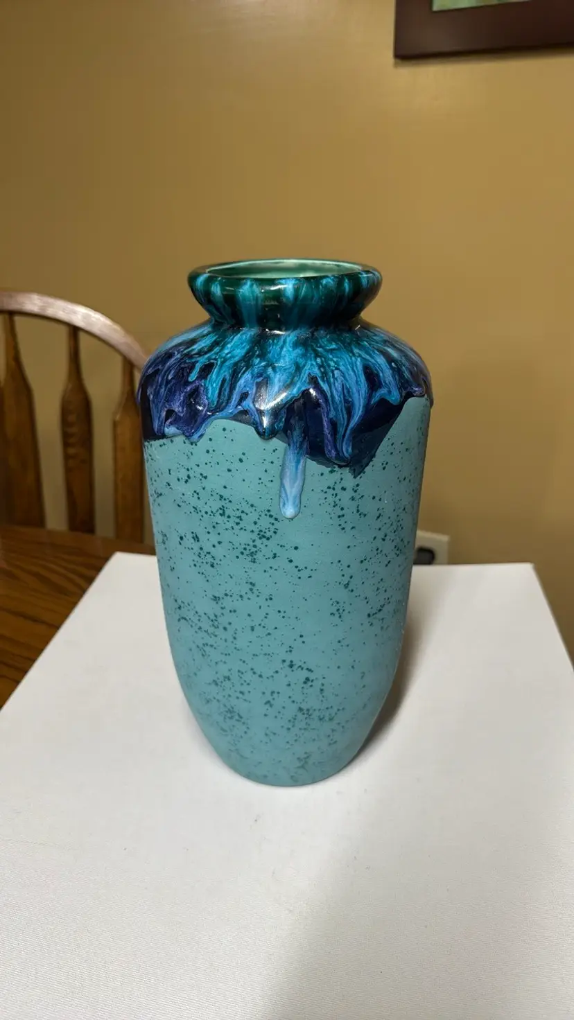 Vase turquoise blue art pottery drip glaze 12” tall