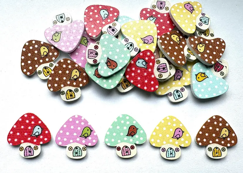 25 Mushroom House Wooden Printed Buttons