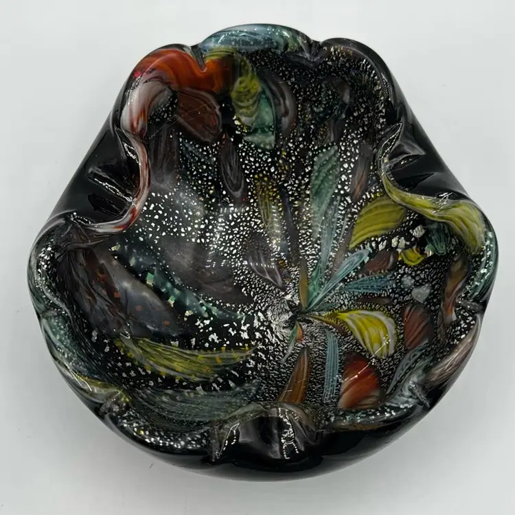 Art Glass Tutti Fruity Ashtray Bowl Black Silver Multi