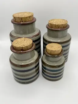 Vintage set of 4 mid-century speckled stoneware canisters with corks, blue and brown stripes, Japan