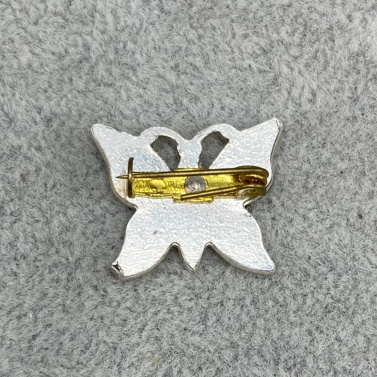 Vintage Silvertone Butterfly Brooch Pin with Red Rhinestone - Made in Hong Kong