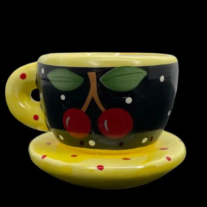 Mary Engelbreit Miniature Tea Coffee Cup & Saucer Cherries Black Yellow Red 2”