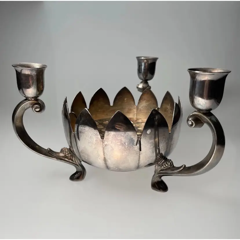 Leonard Silverplate 3 Candle Lotus Flower with Flower Frog Vintage Centerpiece 4.75x8"