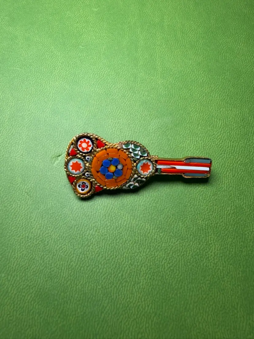 Vintage Italian Micro Mosaic Guitar Brooch β Gold Tone Millefiori Style Pin