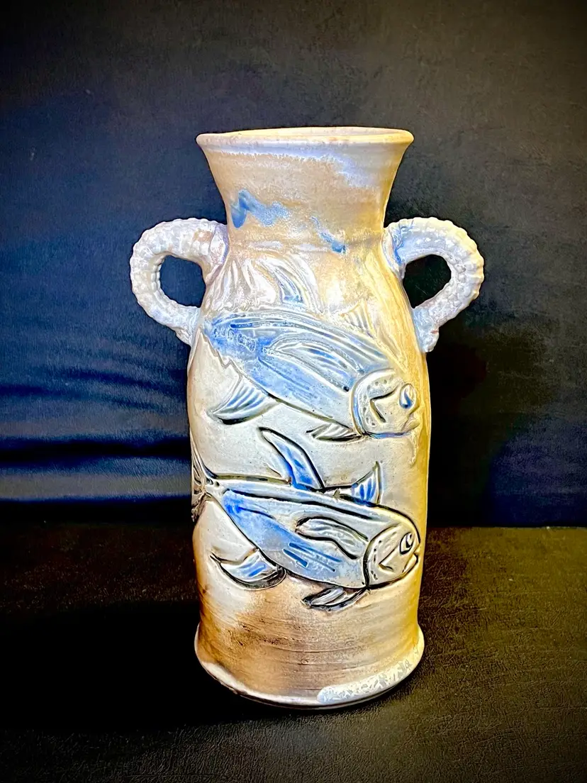 🐟Vintage Holley Hill Studio Art Pottery Drip Glaze Emerald Coast Fish Vase🐟
