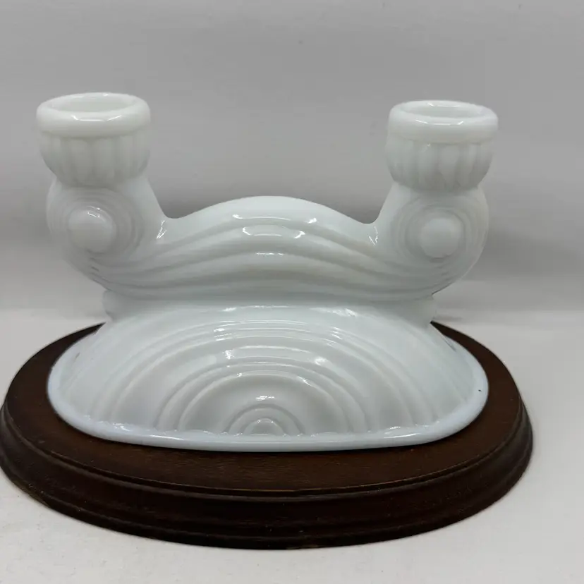 White milk glass double candlestick holder with wooden base, Circa 1920-40’s